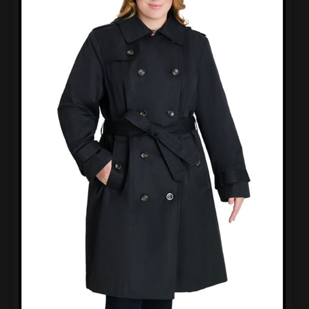 NWT LONDON FOG Womens Double-Breasted Hooded Trench Coat, Black, size 0X - Picture 3 of 11